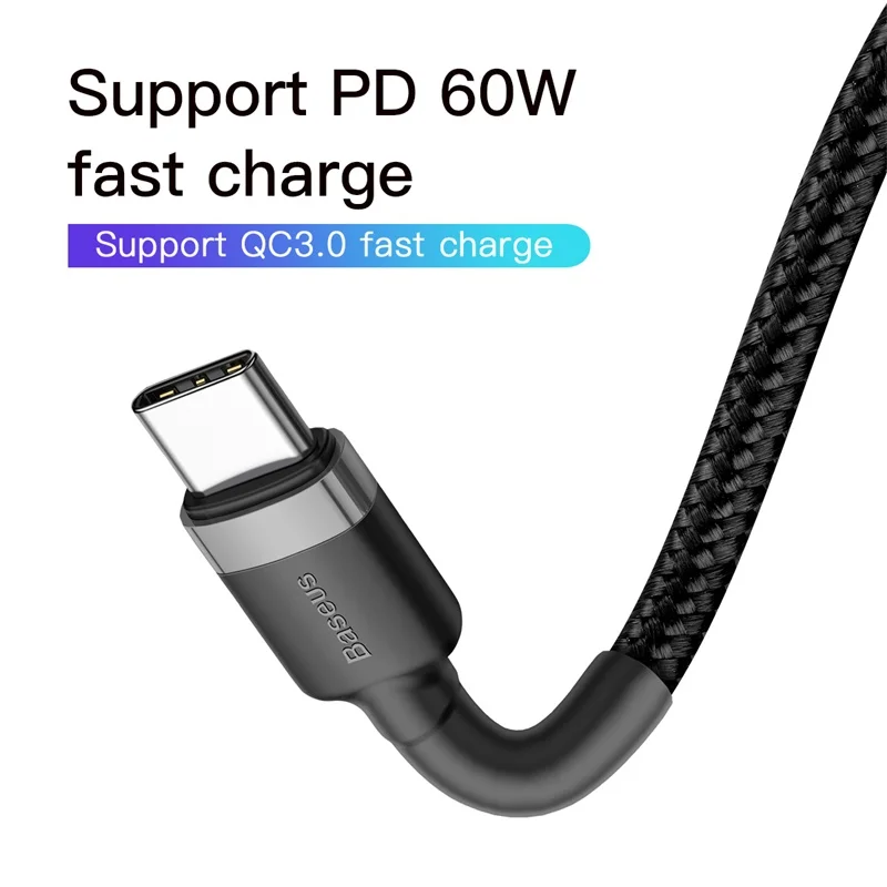 Кабель Baseus type USB C для samsung Galaxy S9 Plus Note 9, поддержка PD 60W QC3.0 3A, кабель для быстрой зарядки для устройств type-C