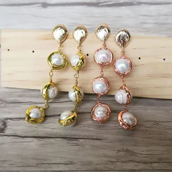 

3 Pairs Natural pearl Electroplated Gold Earrings,pearl tassel Charms Jewelry Findings Dangle Earrings ER599