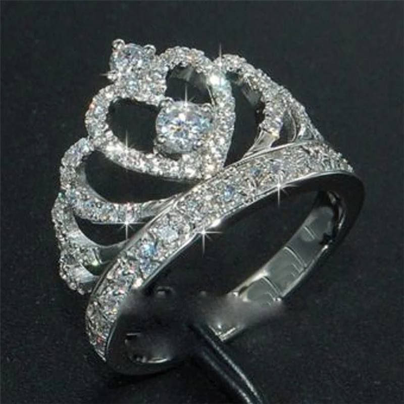 

2019 New Fashion Silver Rings Crystal Heart Rings Women's Crown Zircon Ring Jewelry Women's Engagement Wedding Party