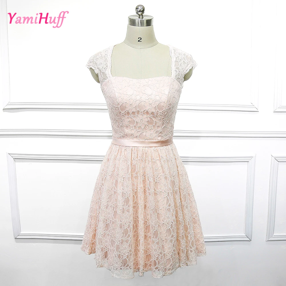 Buy Vintage Pink Short Lace Bridesmaid Dress Open Back
