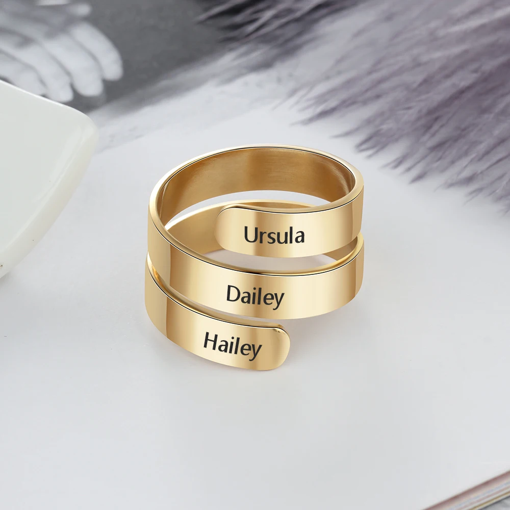 2 Color Personalized Gift Engraved 3 Name Stainless Steel Adjustable Rings For Lovers' Anniversary Jewelry (JewelOra RI103745)