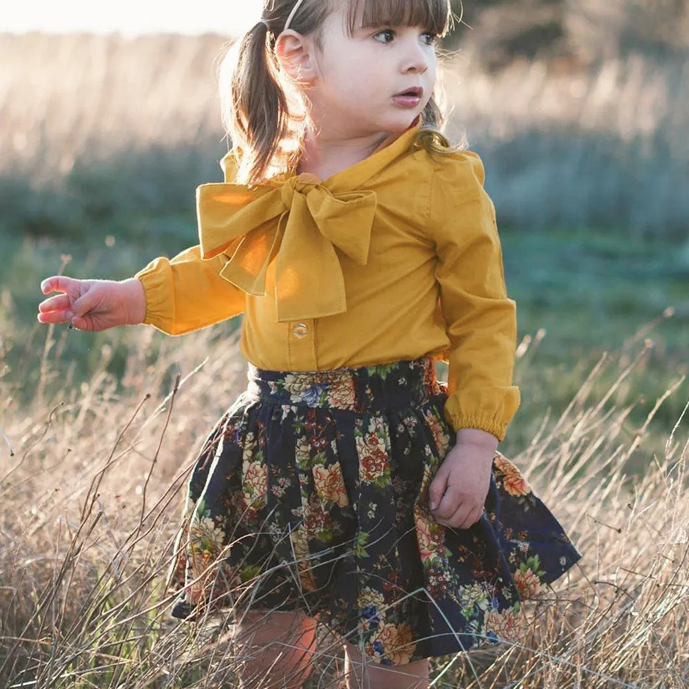 

2018 baby girls clothing Toddler Baby Girls Long Sleeve Bow T-Shirt Tops Print Skirt toddler baby fashion clothing set vestido
