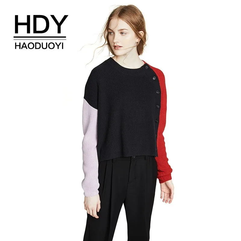 

HDY Haoduoyi 2019 New Arrival Women Patchwork Pullovers Simple Commuter Witty Hot Sale Ladies Casual Fit Sweaters Femme Tops