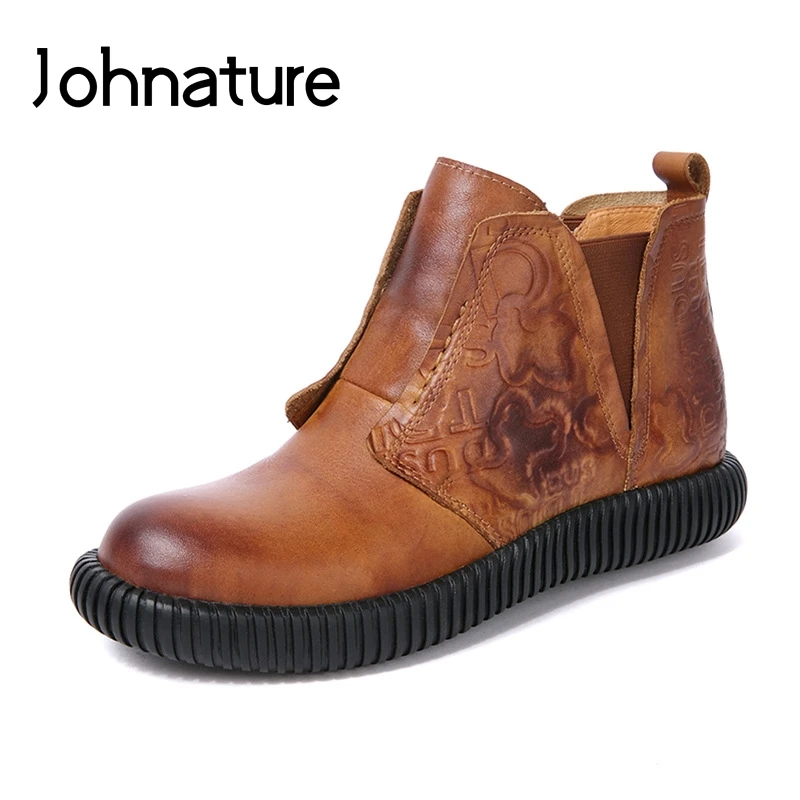 

Johnature 2019 New Handmade Retro Genuine Leather Round Toe Sewing Slip-on Casual Flat Ankle Boots For Women Shoes