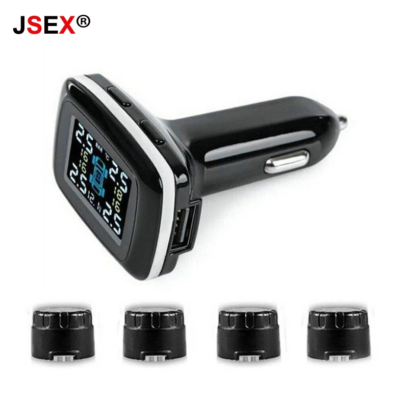 

Wireless Car Tire Pressure Monitoring Cigarette Lighter Power Alarm System With 4 External Sensor Detector TPMS TP620 Black