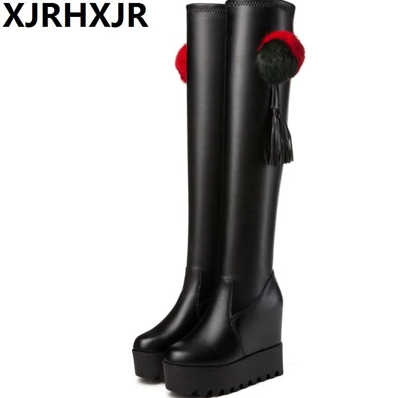 

XJRHXJR Black 10cm Increased Sexy Knee High Boots 2018 Winter New Hair Ball Stretch Leather Brand Women's Boots zapatos de mujer