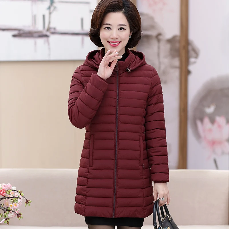 

Women winter jacket coat plus size XL-5XL for aged women warm parkas Solid mid-long hooded jackets for mother grandma thick coat