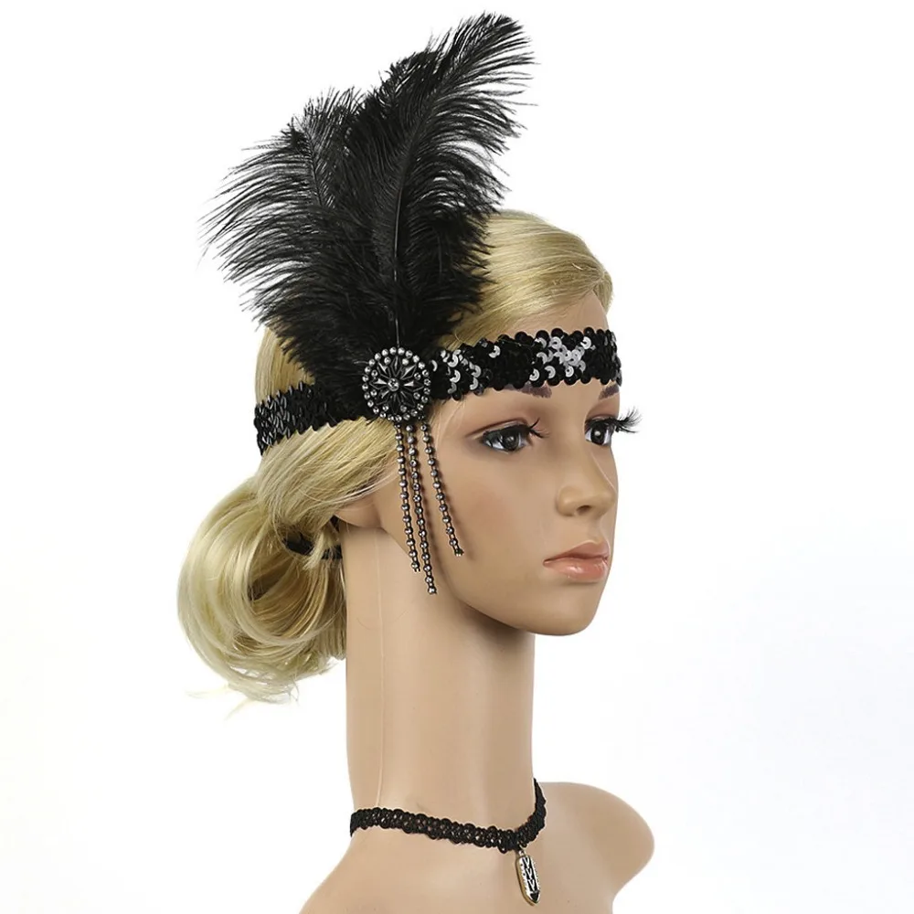 

Vintage Silver Beaded 20s headwear 1920s Gatsby Flapper Black Wedding Headpiece Crystal Feather Headband Party Look Accessory #7