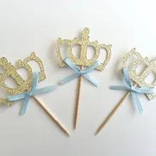 Античное золото Блеск короны Кекс Toppers с голубой Лук мальчик baby shower День Рождения свадьба зубочистки партии decor24pcs