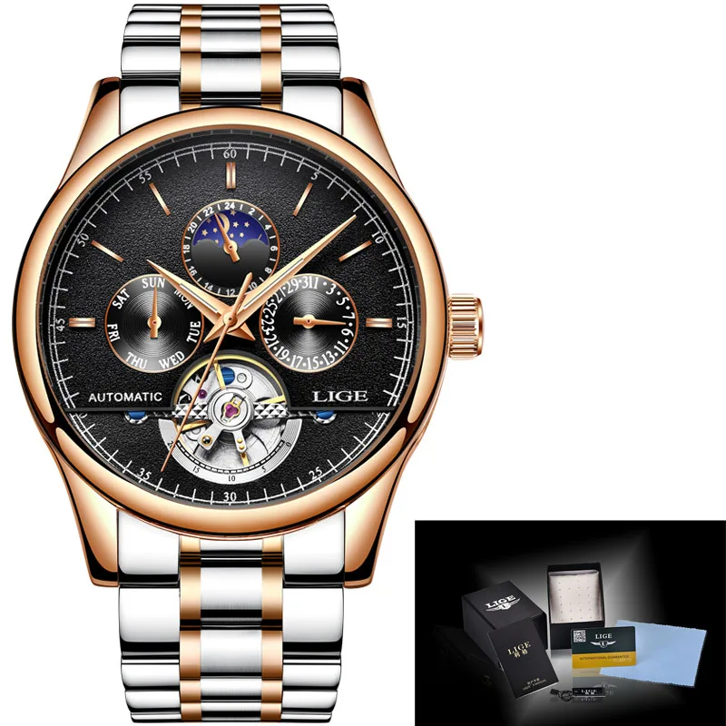 Новые Брендовые мужские часы LIGE, топ класса люкс, автоматические механические часы, мужские часы из нержавеющей стали, деловые часы, мужские часы+ коробка