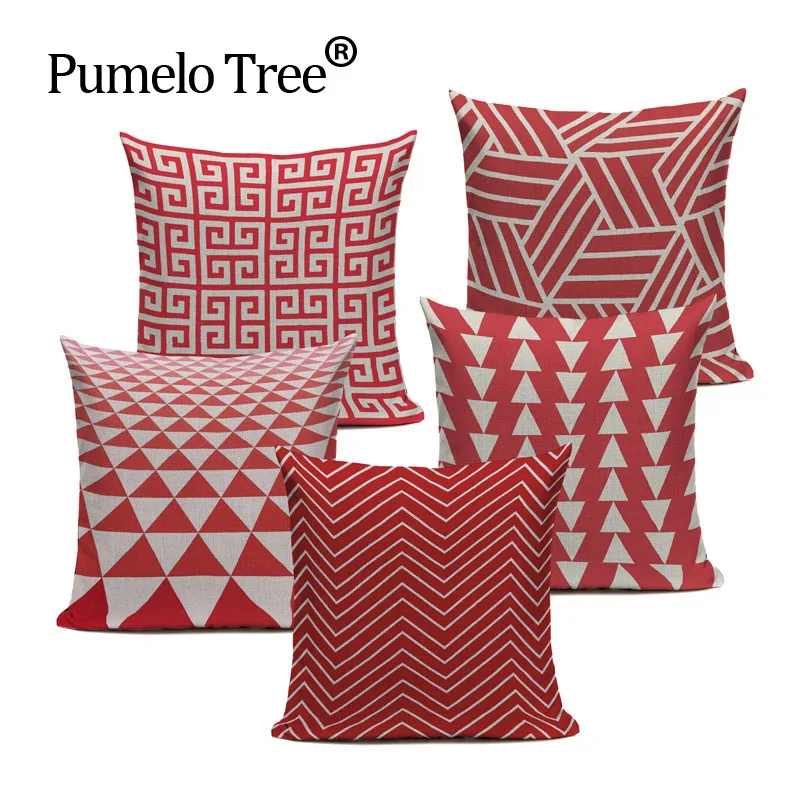 

Linen Pillow Cover Cushion Cover Coral Red Pink Abstract Geometric Azect Home Decorative Pillow Case 45x45cm Dropshipping Custom