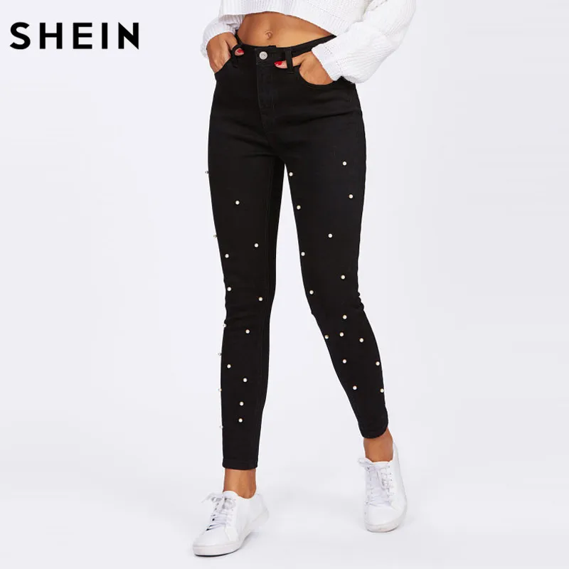 SHEIN Women Jeans Pants Skinny Pearl Beaded Front Jeans Summer Spring Mid Waist Zipper Fly Long Denim Casual Pants SHEIN Women Jeans Pants Skinny Pearl Beaded Front Jeans Summer Spring Mid Waist Zipper Fly Long Denim Casual Pants