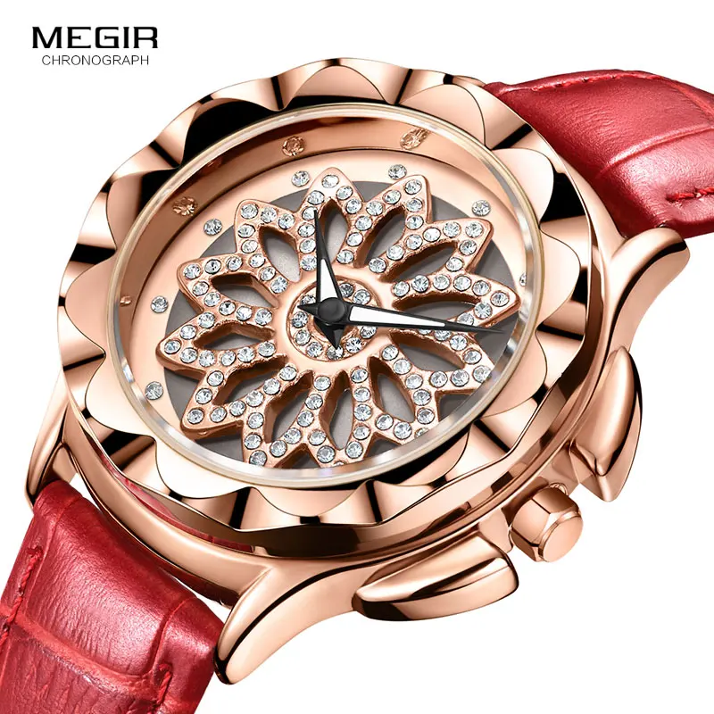 

MEGIR Luxury Women Watches Fashion Rotated Dial Ladies Quartz Watch Red Leather Lovers Girl Wristwatches Clock Relogio Feminino