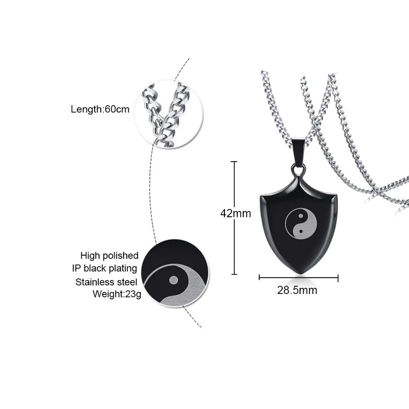 Vnox черный щит форма Багуа Yingyang кулон для мужчин ожерелье мужские ювелирные изделия из нержавеющей стали 2" панцирная цепь Повседневная бижутерия