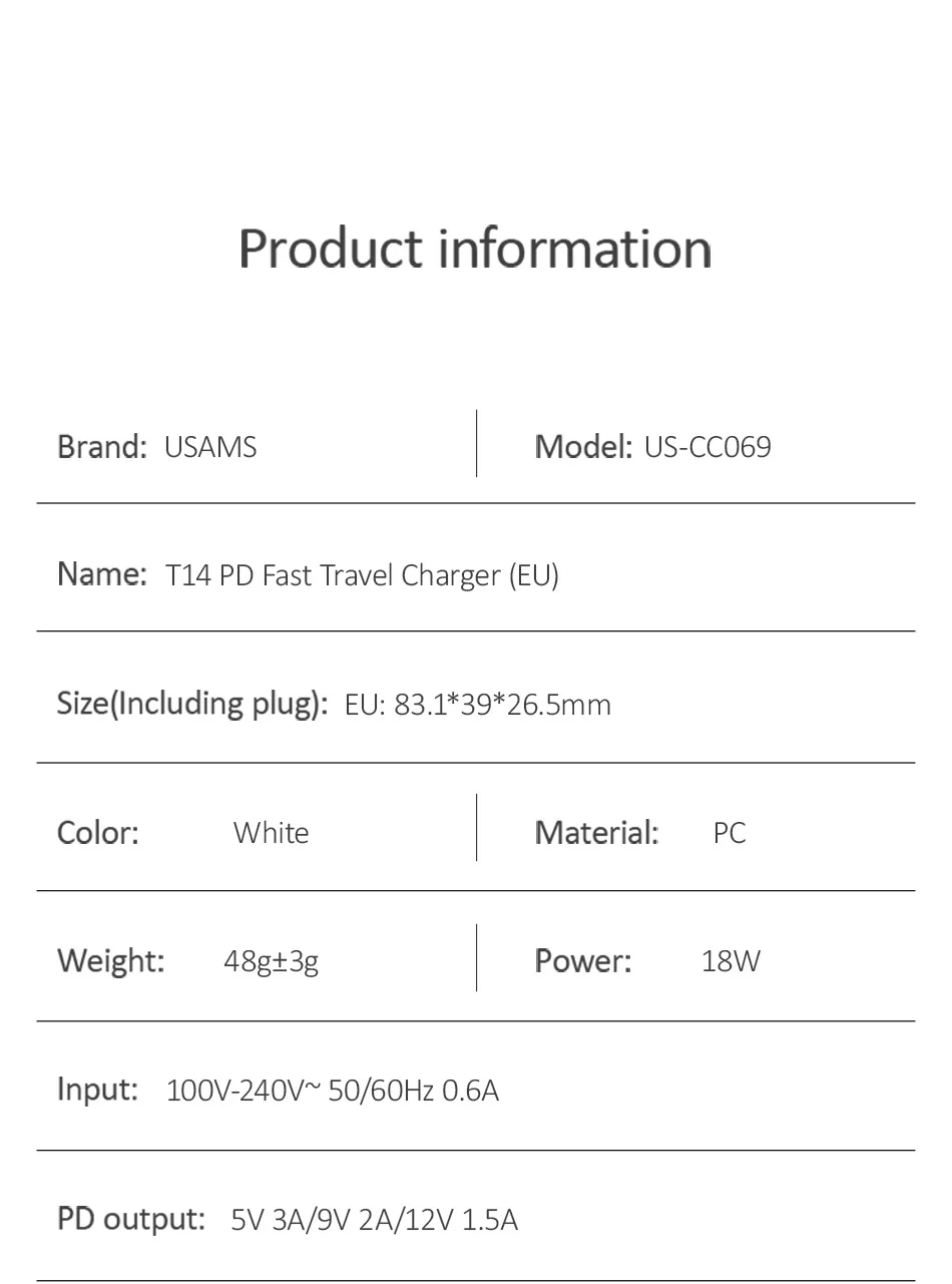 USAMS USB зарядное устройство 18 Вт PD Быстрая зарядка usb type C PD зарядное устройство для iPhone X XS XR портативное зарядное устройство для телефона huawei samsung адаптер