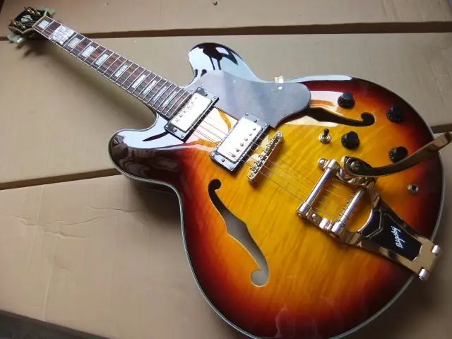 Wholesale ES355 Jazz electric guitar semi hollow body with bigsby bridge in sunburst 100728 Wholesale ES355 Jazz electric guitar semi hollow body with bigsby bridge in sunburst 100728
