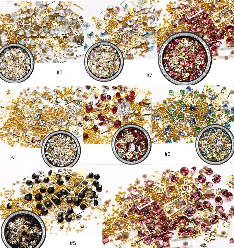 

1 Box Mixed Studs Nail Crystal Beads Rhinestone 7Types Metal Rivet Jewelry Gems Decoration Nail Art Accessories,Squar moon BE09-