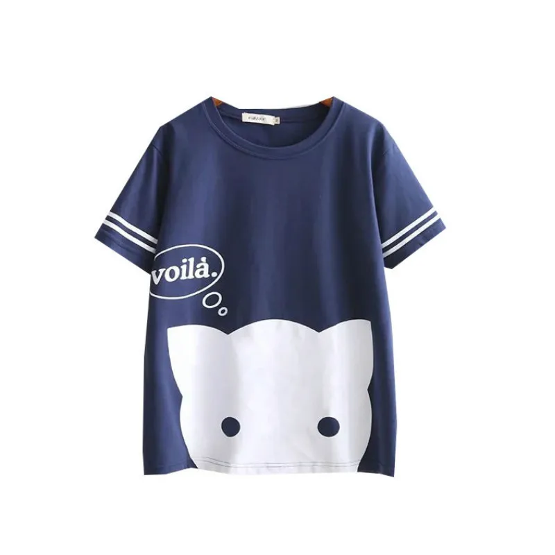 

Merry Pretty Harajuku Cat Printed Kawaii T-shirt Women lovely Letter Cotton t-shirts navy blue short sleeve casual tee top girl