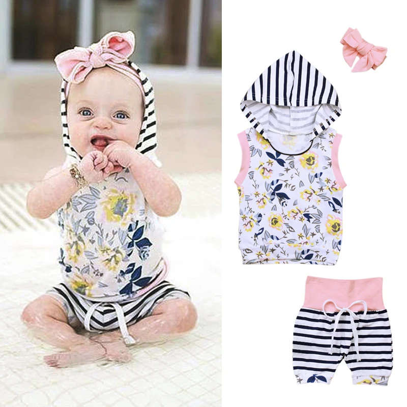 

2018 New Brand Toddler Infant Newborn Baby Kid Girls Striped Floral Hooded Outfits Set Short Pants 3Pcs Set Summer Clothes 4-24M