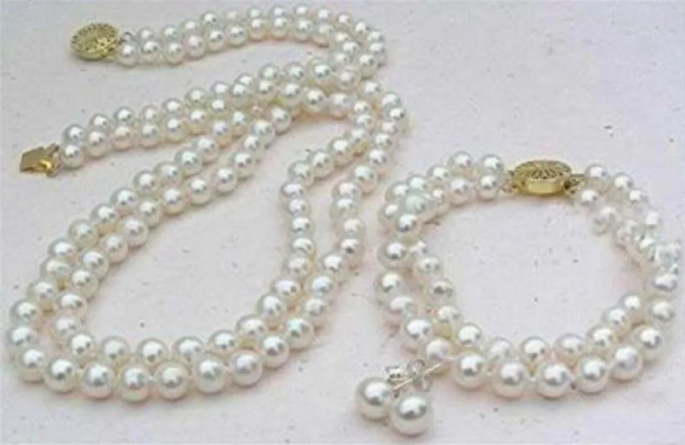 

charm Jew.657 Perfect set of double strand 9-10mm Akoya white pearl necklace bracelet earring!