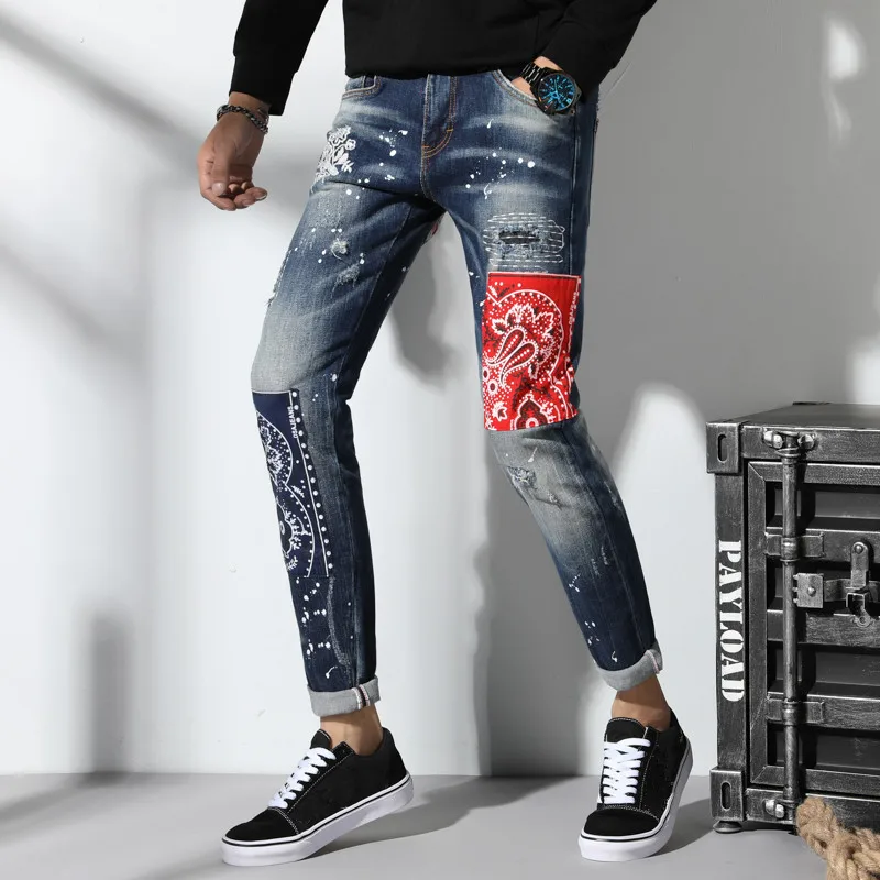 Italy Designed Man Painted Dot slim Jeans Men Emdroidery Patchwork Denim Pants Male Street Wear Quatliy Amazing Trousers