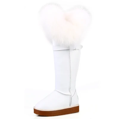 SWYIVY/зимние сапоги с натуральным лисьим мехом; Женская водонепроницаемая обувь; коллекция года; зимняя обувь на плоской подошве; сапоги до колена; Женская Роскошная теплая обувь из натуральной кожи - Цвет: Белый