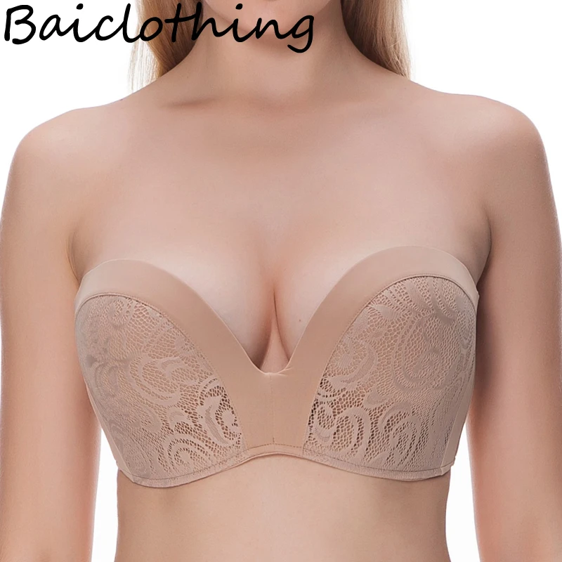 BAICLOTHING, бесшовный, женский, противоскользящий, без бретелек, бюстгальтер, пуш-ап, на косточках, кружевной, вышивка, Свадебный бюстгальтер, 32 34 36 38 40 42 B C D DD E F