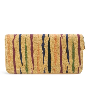 

Striped Pattern Long Cork Purse for Women Vegan Cork Fabric Wallet