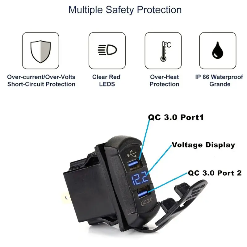 سريع تهمة 3.0 المزدوج USB الروك التبديل QC 3.0 شاحن سريع LED الفولتميتر للقوارب سيارة شاحنة دراجة نارية كمبيوتر لوحي (تابلت) وهاتف ذكي