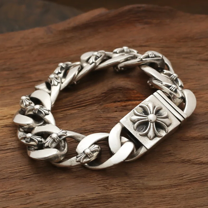  925 Sterling Silver Jewelry Star With Korean Male Personality Vintage Cross Flower Bracelet Rough Thai Silver 