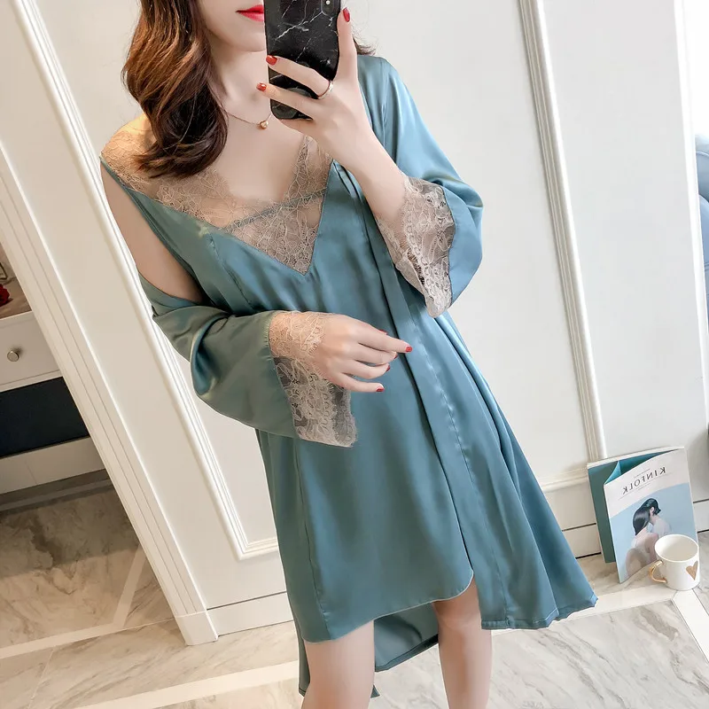

Silka Surplus Women Sexy Lace Kimono Negligee Gown Satin Solid Wedding Sleepwear Womens Sleep Set Faux Silk Robe Femme Lingerie