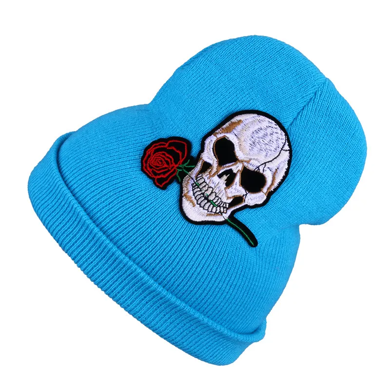CRUOXIBB Мужская и женская теплая зимняя шапка вязаные шапки для девочек с черепом и красной розой шапка осень-зима модные шапочки Повседневные вязаные шапки s - Цвет: light blue