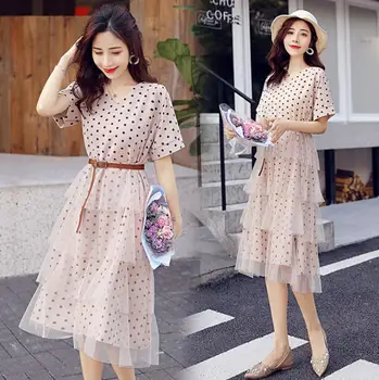 

Elegant Dot Mesh Dress Short Sleeve O-neck Ladies Dress All-match Women Summer Sundress Vestidos