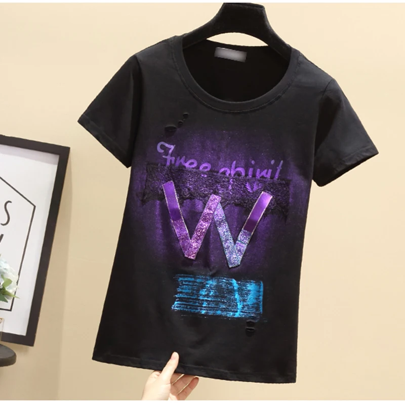 

GGRIGHT Funny korean Hole Summer T-Shirt Women Black White Female T-shirt Cotton 2019 letter Tee Shirt Femme Harajuku Streetwear