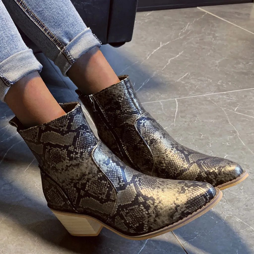 

2019 Women's Ankle Boots Winter Snow Boot Serpentine Leather Pointed Toe Snakeskin Print Shoes Mid Heels Riding Boots Waterproof