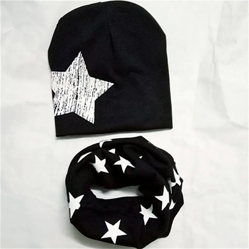 

star full print cotton fabric elastic kids beanie collar two pc sets boys girls kids cap scarf suits head wear hats accessory