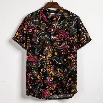 

Mens Ethnic Short Sleeve Casual Cotton Linen Printing Hawaiian Shirt Blouse Casual Beach Top Summer Vacation Clothes #GM