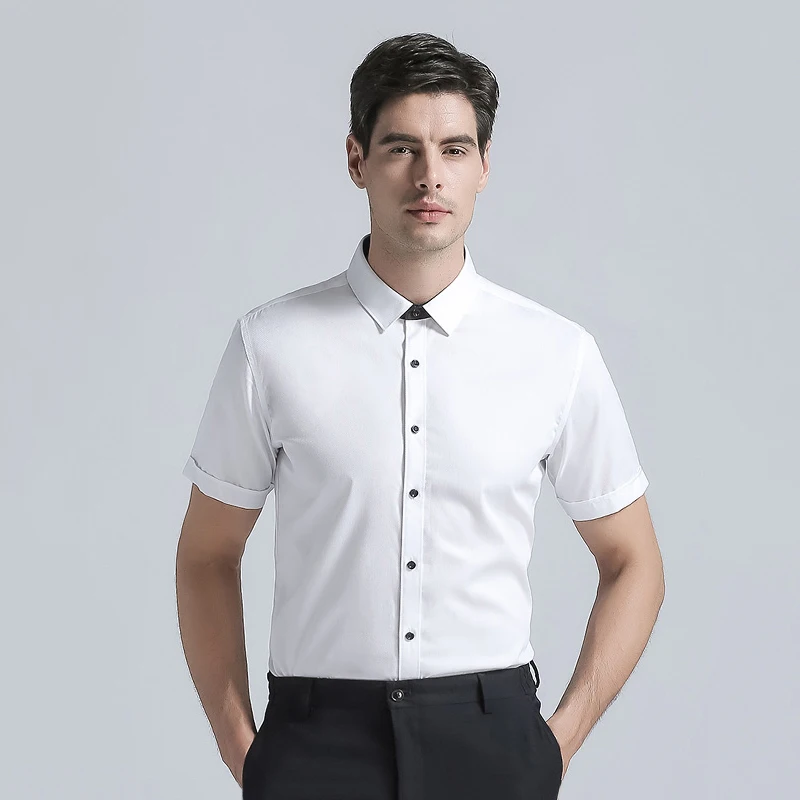 

Fashion 2019 Brand New Arrival Men's Dress Shirts Cotton Blend Short Sleeves Classic Solid Color Men's Business Casual Shirt