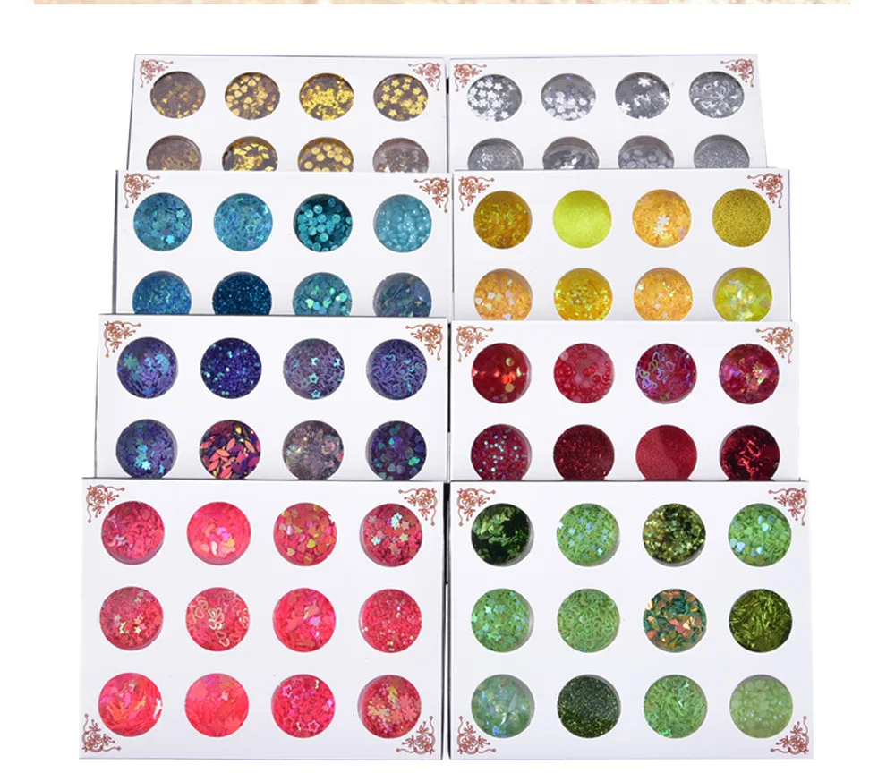 Fulljion 12 Mixed Flake Chunky Body Glitter Nail Face Eye Shadow Sequins Festival Decorations Adhesive Temporary Tattoos Sticker