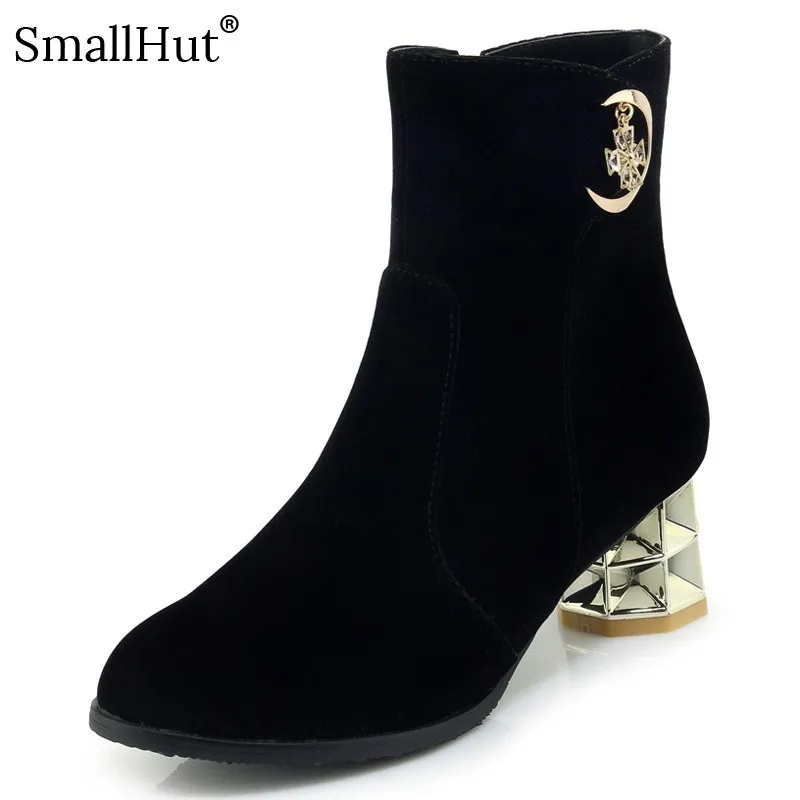 

Flock Ankle Boots Women Autumn Winter Fashion Woman Black Round Toe Crystal Metal Decoration Strange Style heel Ankle Boots E084
