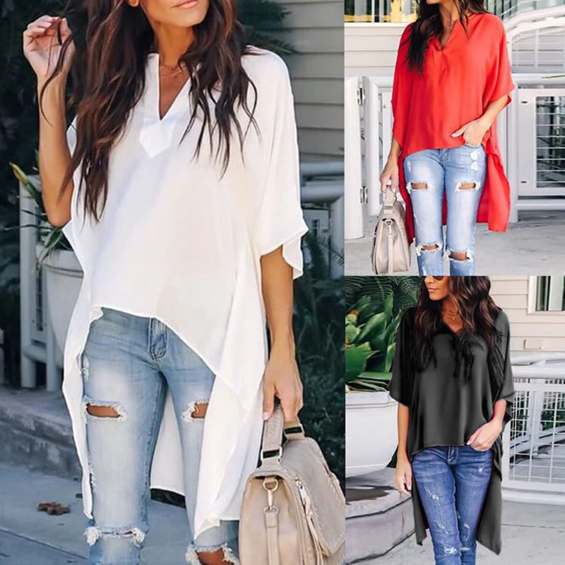 

2019 Women Blouses Elegant Fashion Irregular V-Neck Women Chiffon Blouses Soft Tunic Solid Batwing Sleeve Tops Female Shirts 35