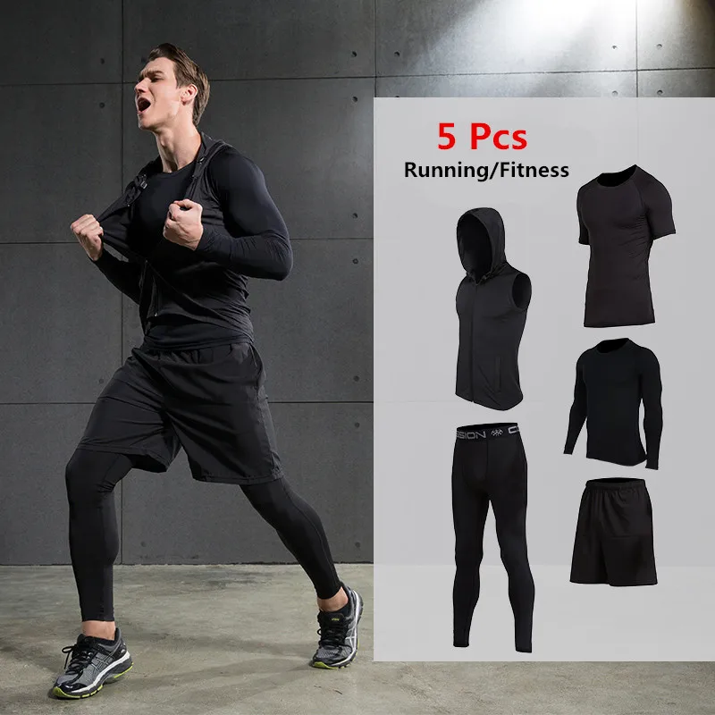 ФОТО 2017 5Pcs/Set VANSYDICAL Men's Running Set Training Tracksuits Compression Pants+T-shirt+Vest Sportswear Basketball Base Layer 