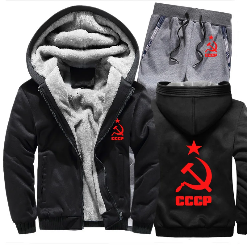 Зимний флисовый утолщенный спортивный костюм CCCP, русские толстовки с капюшоном, мужской комплект, повседневный теплый комплект из 2 предметов, толстовки с капюшоном в советском стиле, куртка+ штаны - Цвет: 812