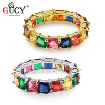 

GUCY Hip Hop Colorful Square Cubic Zircon Ring Micro Pave Multi color CZ Stones Classic Men's Punk Style Jewelry For Gift