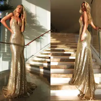 

2019 Formal Evening Dresses Custom made Plus Size Sexy Deep V neck Backless Long Mermaid Gold Sequin Prom Dresses Gown