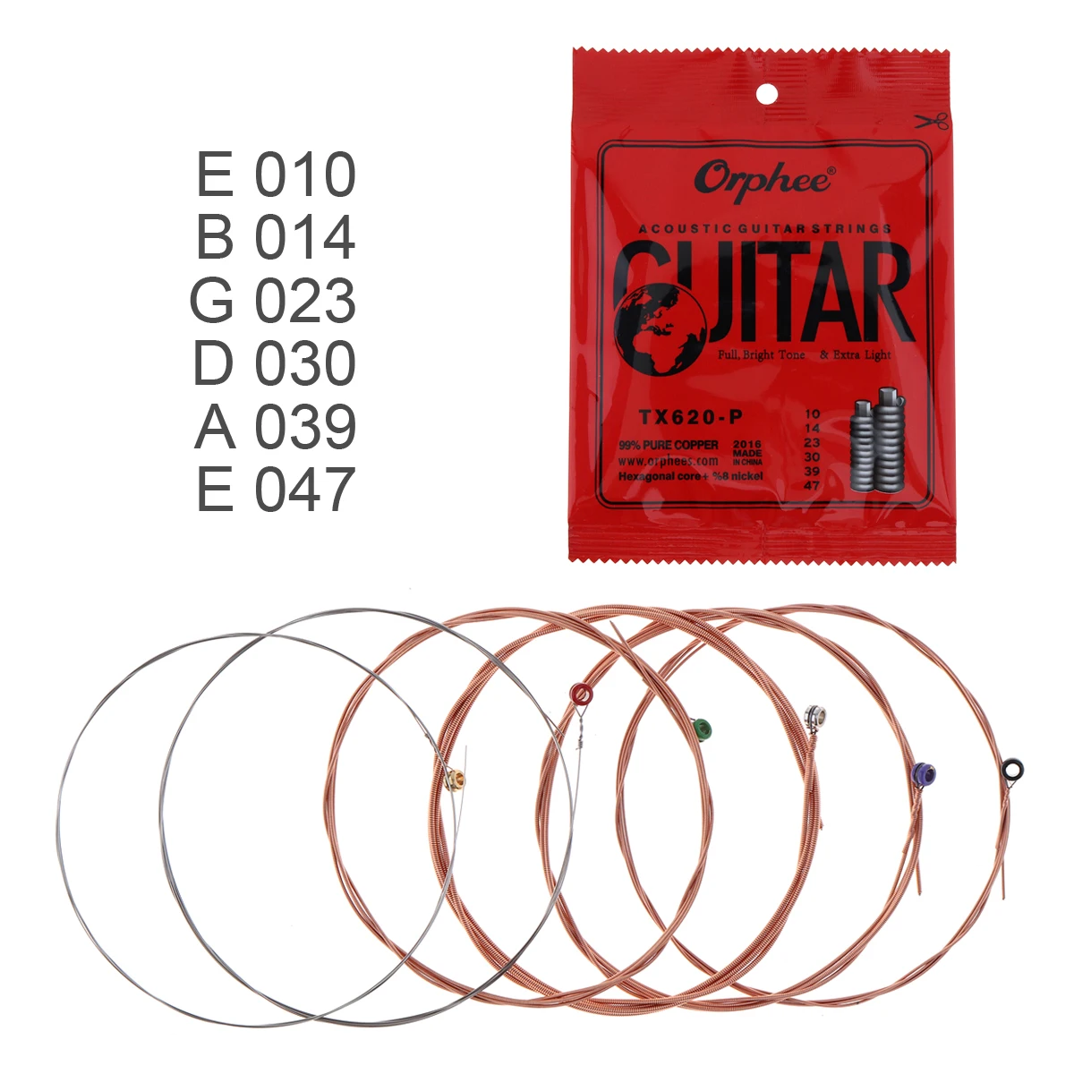 

Orphee 6pcs/set Acoustic Guitar String 010-047 Red Copper Strings Anti-Rust Coat with Full Bright Tone & Extra Light