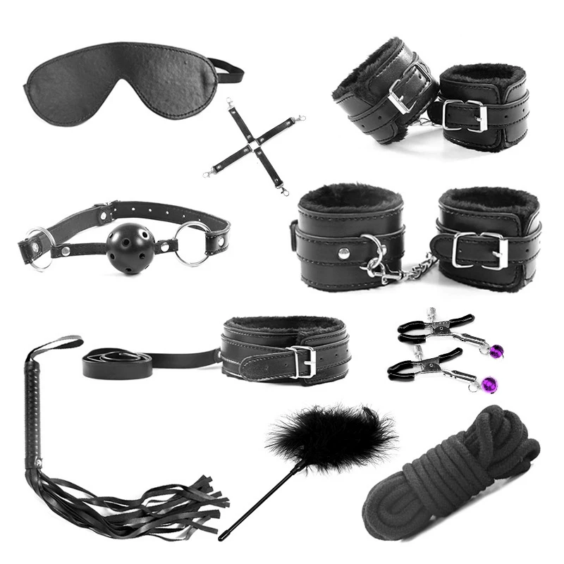 Sexy Lingerie Pu Leather Bdsm Sex Bondage Set Handcuffs Footcuffs Whip