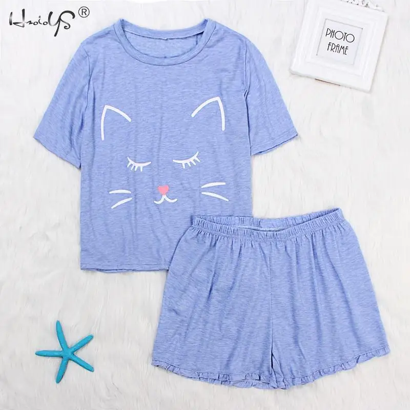 

Round Neck Sleepwear Print Cartoon Cat Top And Polka Dot Shorts Pajama Set New Woman Short Sleeve Casual Pajama Set