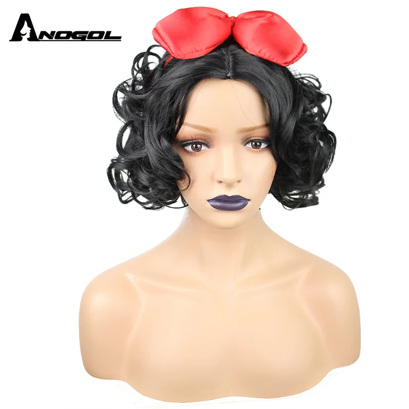 anogol short curly snow black high temperature fiber synthetic hair white princess cosplay wig for halloween with red bowknot - Red Wigs For Halloween anogol short curly snow black high temperature fiber synthetic hair white princess cosplay wig for halloween with red bowknot - Red Wigs For Halloween