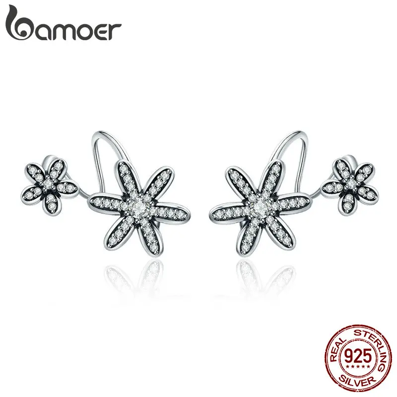 

BAMOER 100% 925 Sterling Silver Spring Flower Daisy Clear CZ Twisted Shape Stud Earrings for Women Fine Jewelry S925 Gift SCE338